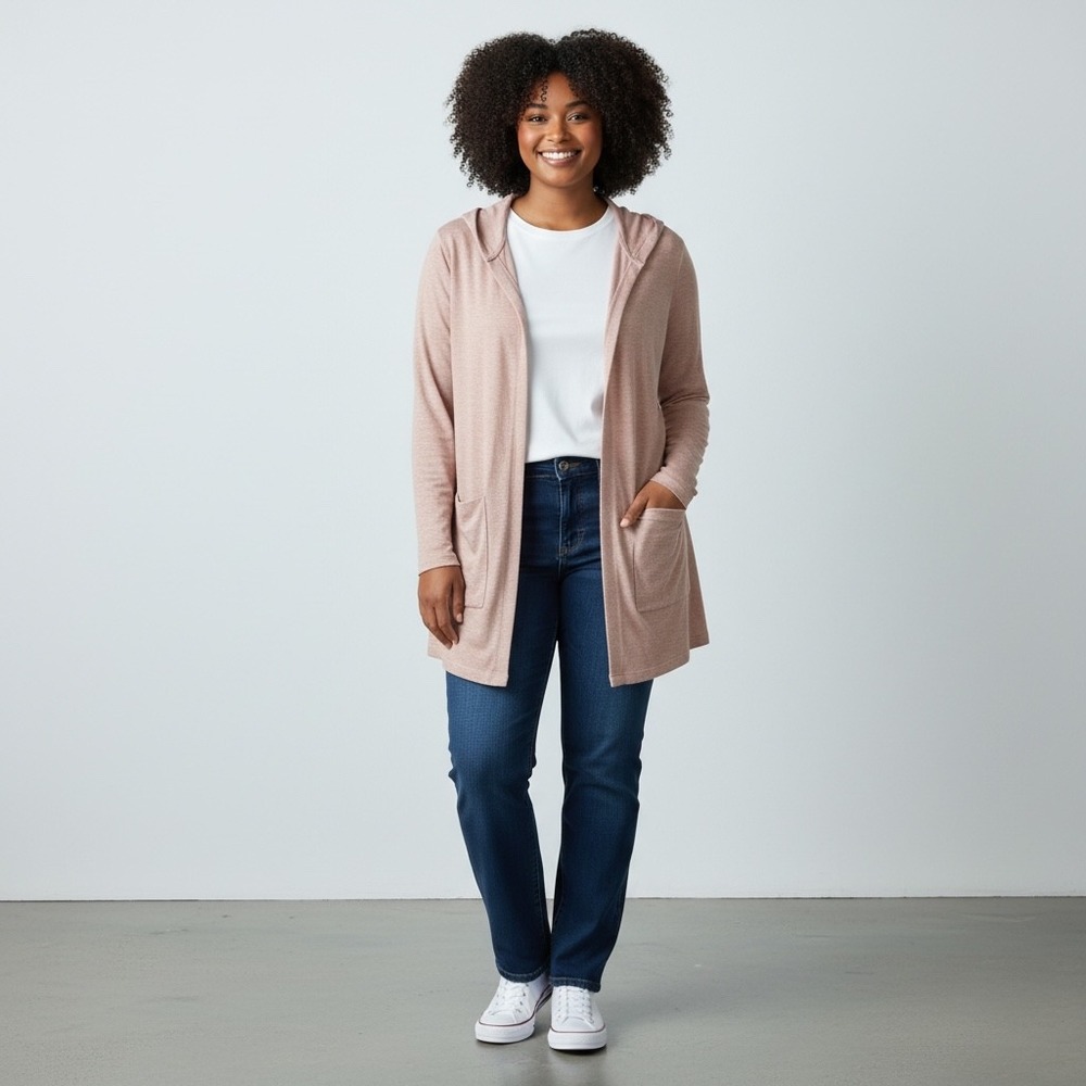 Cyrus Cardigan Women XL Tan Hooded Open Front Patch Pocket Knit Sweater